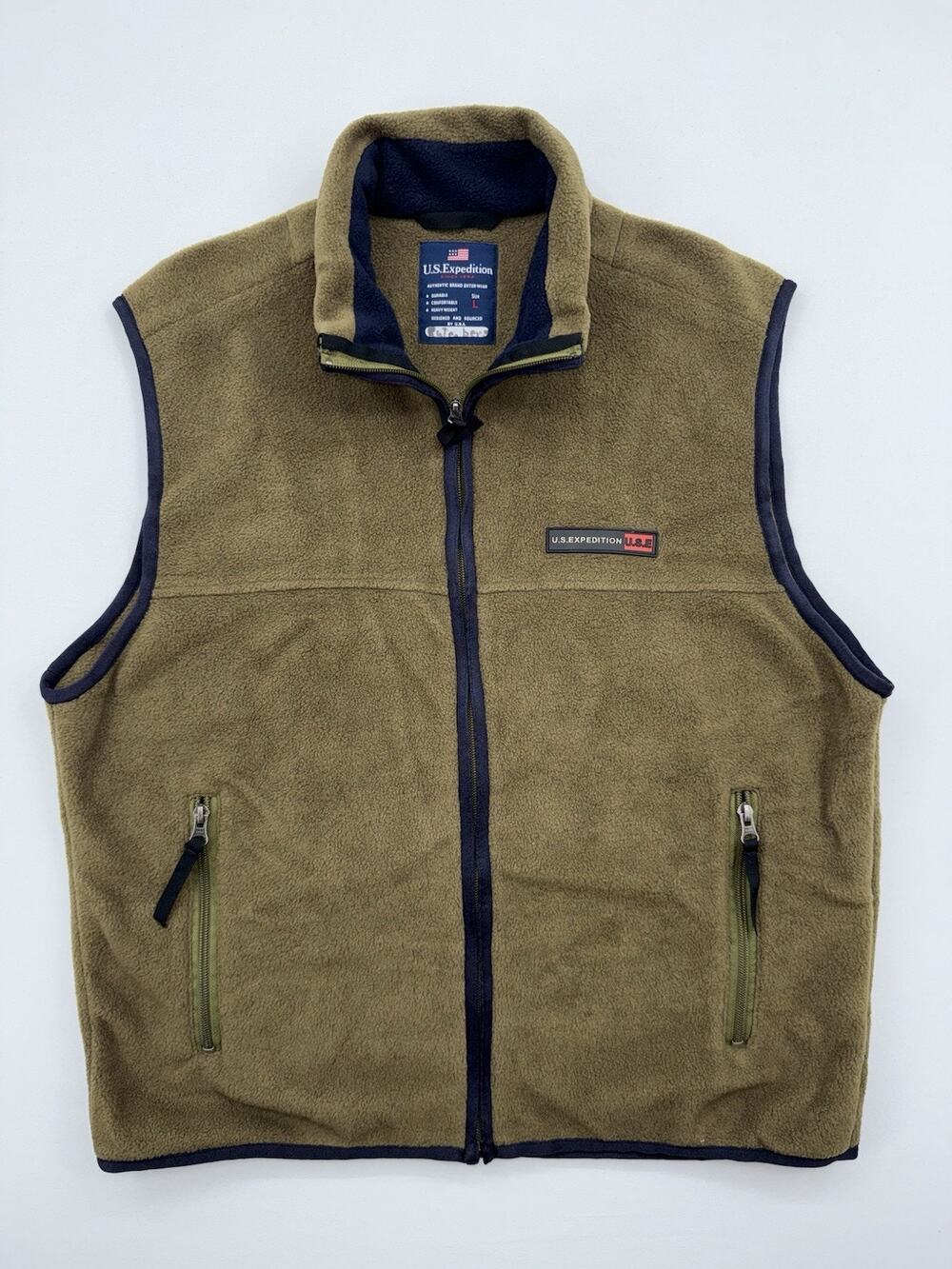 U.S. Expedition Fleece Vest Mens Large Green Full Zip Outdoor Hiking